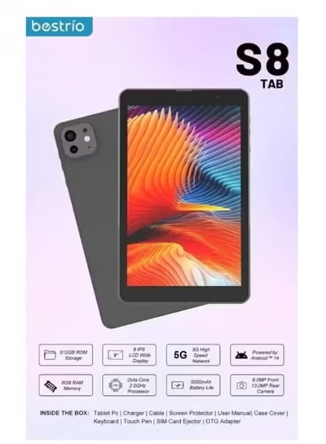 BESTRIO S8 Android 14 Tablet | 8-Inch IPS Display | 8GB RAM 512GB Storage | 5000mAh Battery | 5G Connectivity | Compact High-Performance Tablet - Image 3